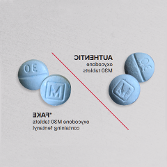 Photo of blue pills on the left with engraved markings from an authentic producer of pills. 一条红线. 然后是雕刻几乎完全相同的药片，但却是假药. 资料来源:DEA (http://www).dea.gov / onepill)