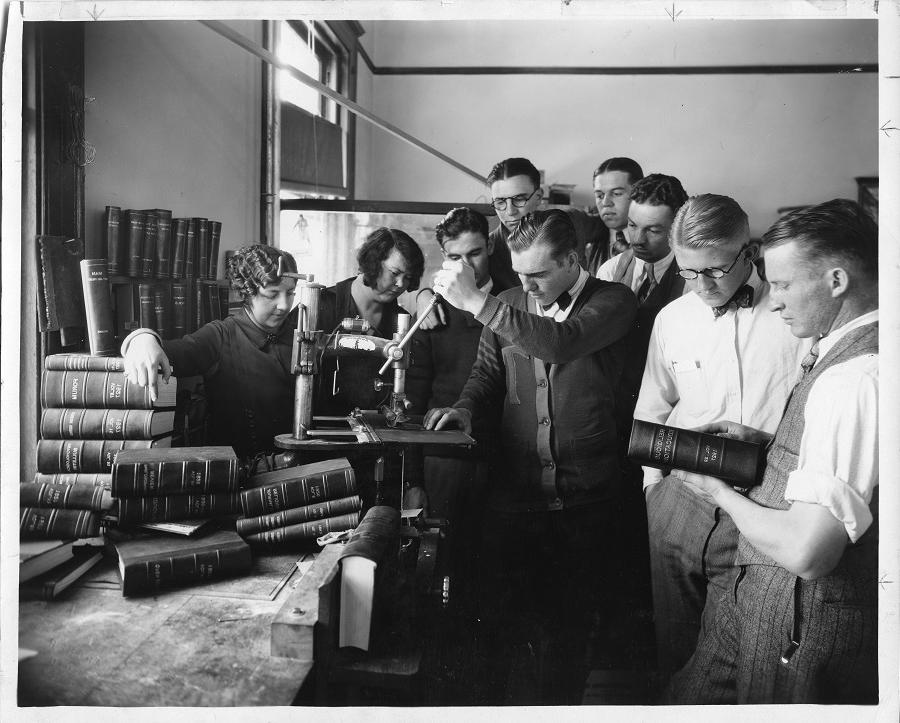 Black and white photo of a classroom from University Archives