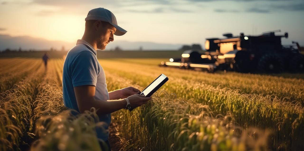 man st和ing in wheat field using technology to monitor climate changes