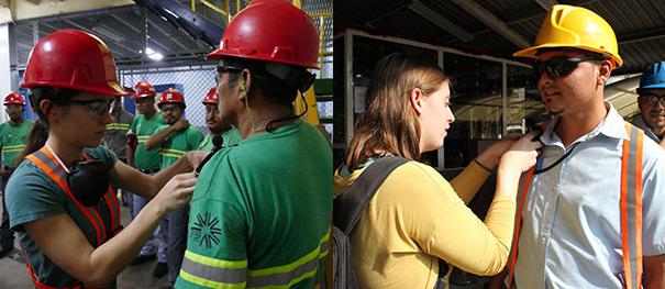 UNC grad students place dosimeters on 糖厂 workers to measure sound levels