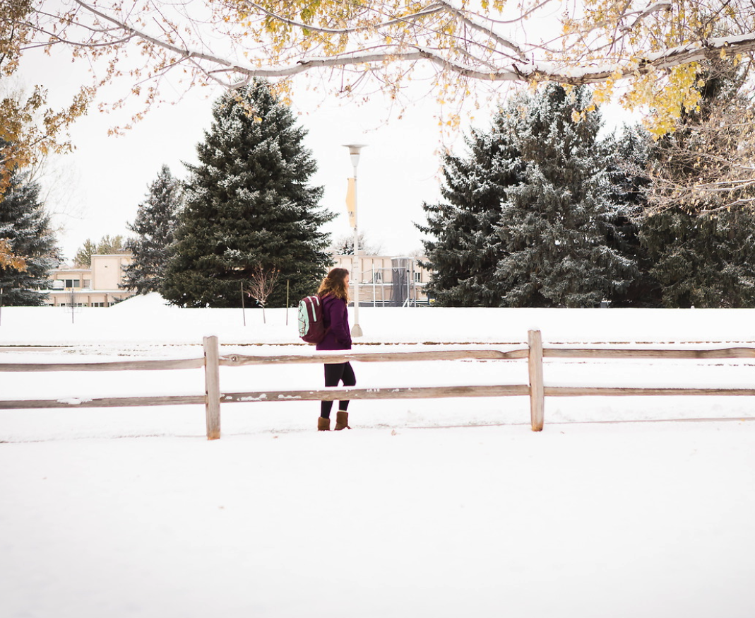 UNC student walking in 的 snow on 校园.